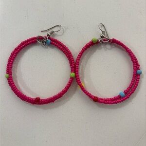 Handcrafted in Kenya Artisan Pink Beaded Seed Hoop Earrings